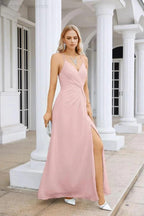 Ladies Chiffon Spaghetti Strap V Neck Front Slit Floor Length Bridesmaid Evening Dress Prom Party Wedding Evening Dress 28116 by numbersea