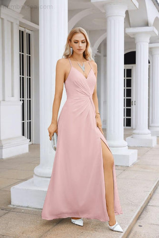 Ladies Chiffon Spaghetti Strap V Neck Front Slit Floor Length Bridesmaid Evening Dress Prom Party Wedding Evening Dress 28116