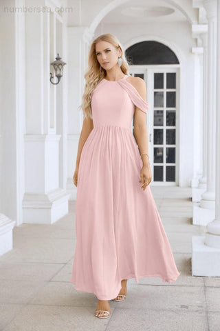 Ladies Chiffon Off Shoulder Swing Sleeve Front Slit Bridesmaid Evening Dress Wedding Party Evening Dress 28117