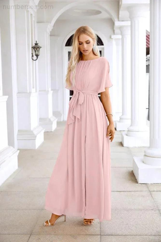 Ladies Chiffon Sleeve Crew Neck Front Slit Floor Length Bridesmaid Evening Dress Wedding Party Evening Dress 28124 by numbersea