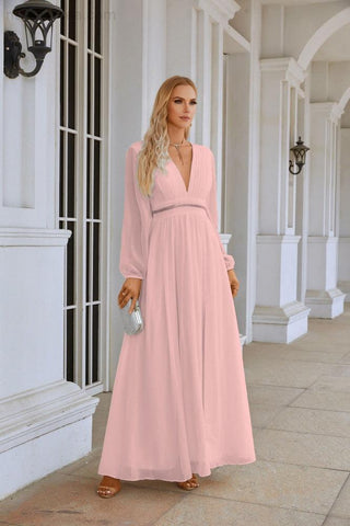 Ladies V Neck Chiffon Long Sleeve Front Slit Bridesmaid Evening Dress Wedding Party Shopping Evening Dress 28109