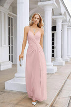 Ladies Chiffon Spaghetti Strap V Neck Front Slit Floor Length Bridesmaid Evening Dress Prom Party Wedding Evening Dress 28116 by numbersea