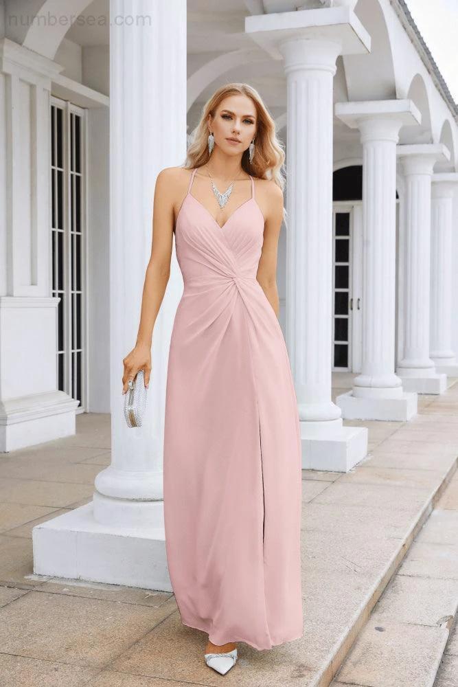 Ladies Chiffon Spaghetti Strap V Neck Front Slit Floor Length Bridesmaid Evening Dress Prom Party Wedding Evening Dress 28116 by numbersea
