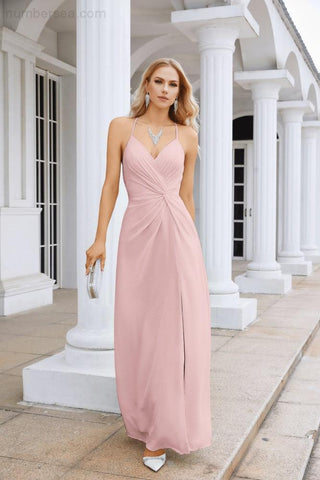 Ladies Chiffon Spaghetti Strap V Neck Front Slit Floor Length Bridesmaid Evening Dress Prom Party Wedding Evening Dress 28116