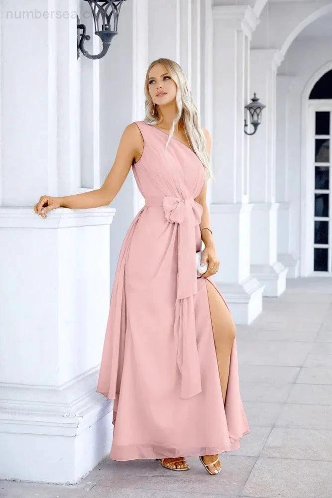 Ladies Chiffon One Shoulder Bridesmaid Evening Dress Wedding Party Evening Dress 28133 by numbersea