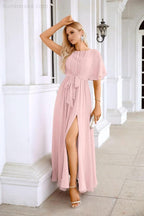 Ladies Chiffon Sleeve Crew Neck Front Slit Floor Length Bridesmaid Evening Dress Wedding Party Evening Dress 28124 by numbersea
