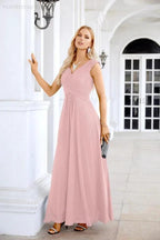 Ladies Chiffon V Neck Sleeveless Floor Length Bridesmaid Evening Dress Wedding Party Evening Dress 28126 by numbersea