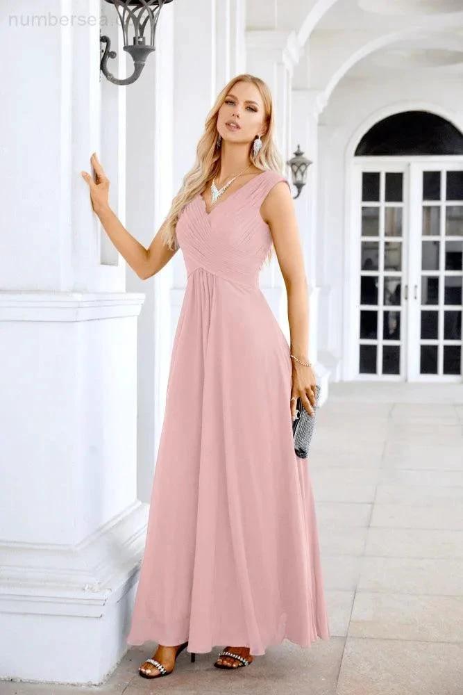 Ladies Chiffon V Neck Sleeveless Floor Length Bridesmaid Evening Dress Wedding Party Evening Dress 28126 by numbersea