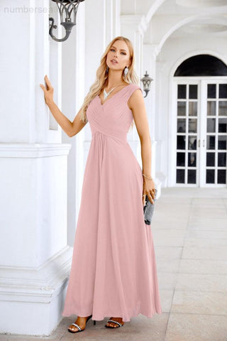 Ladies Chiffon V Neck Sleeveless Floor Length Bridesmaid Evening Dress Wedding Party Evening Dress 28126