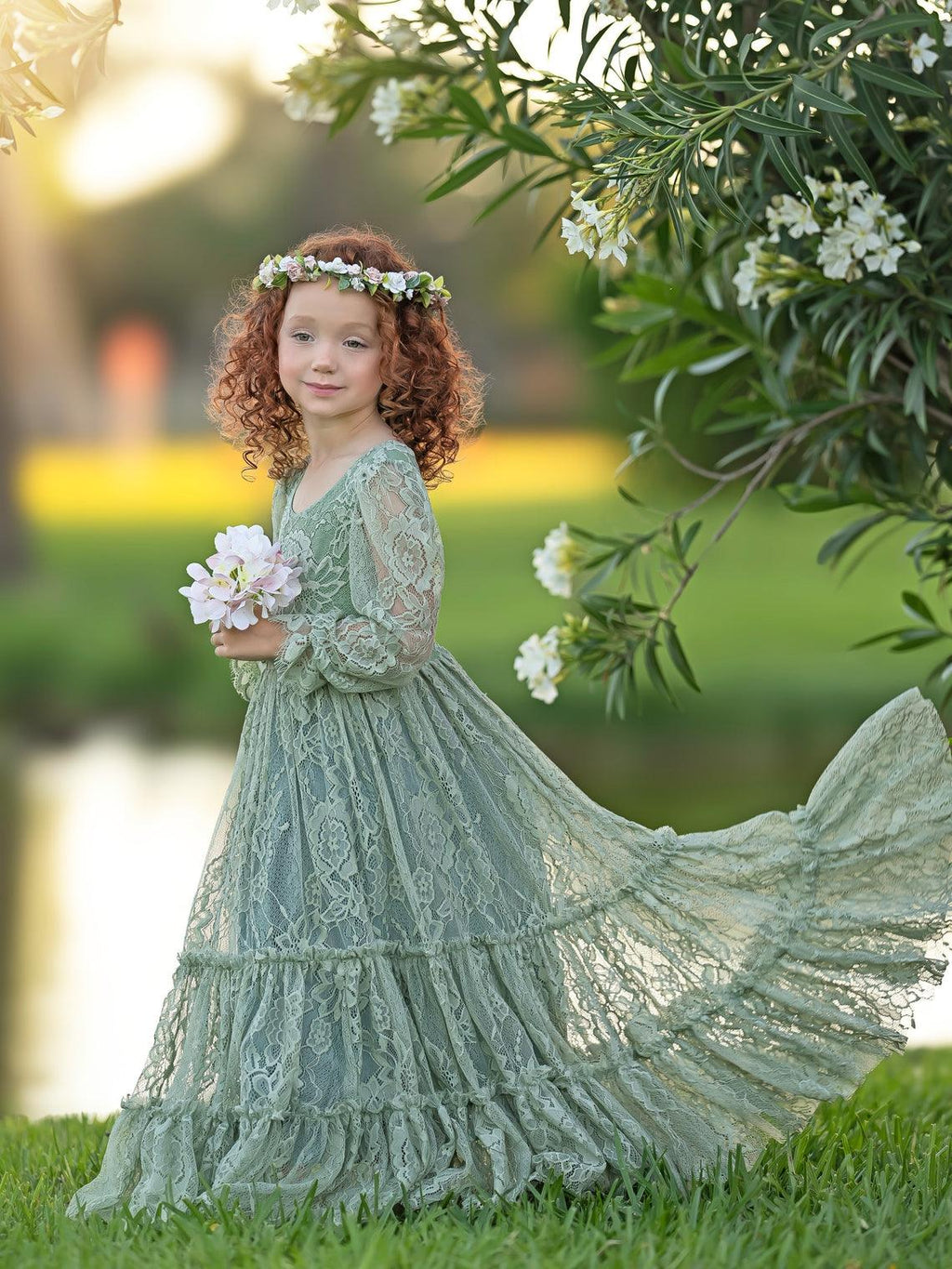 Lace Ankle-length Sage Green Boho Flower Girl Dress - photo 2