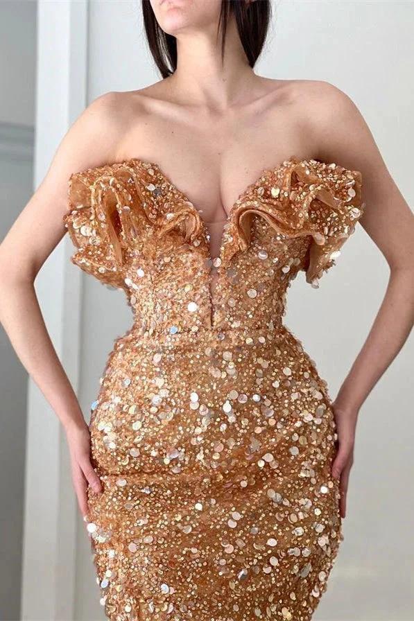 Long V Neck Pleated Sequins Mermaid Prom Dress With Slit by BIZTUNNEL