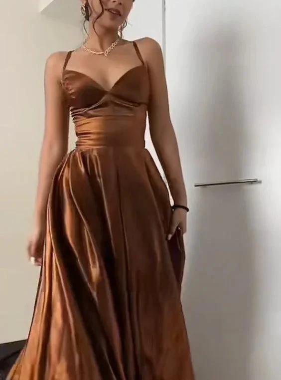 Brown V Neck Criss-Cross Back Spaghetti Strap Evening Dress Y799 by simplepromdress