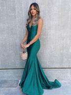 Simple Satin V Neck Mermaid Green Long Prom Dress Green Evening Dress Y852