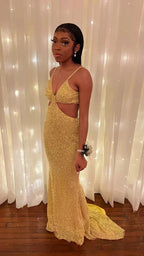 Sparkly Gold Sleeveless Mermaid Evening Dress Sexy Prom Dress For Black Girls Y813 by simplepromdress
