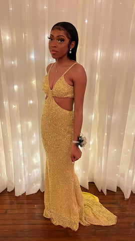 Sparkly Gold Sleeveless Mermaid Evening Dress Sexy Prom Dress For Black Girls Y813