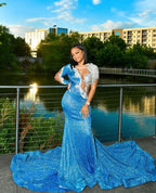 Blue Sequins Long Evening Dress With Train Sexy Prom Gown For Black Girls Y846