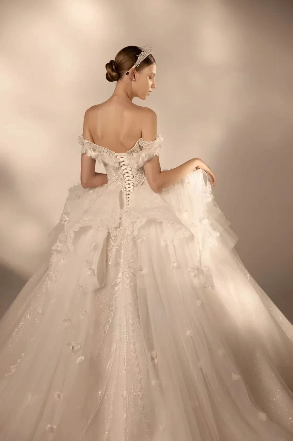 Gorgeous Long Ball Gown Off-the-Shoulder Tulle Wedding Dress with 3D Floral & Crystal Embroidery & Cathedral Train H009 by ZAPDRESS