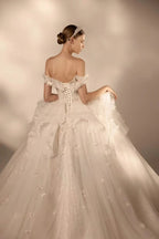 Gorgeous Long Ball Gown Off-the-Shoulder Tulle Wedding Dress with 3D Floral & Crystal Embroidery & Cathedral Train H009 by ZAPDRESS