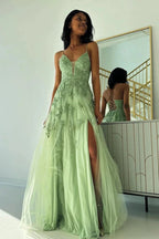 Sage Green V Neck Tulle A-Line Long Prom Dresses with Appliques by KissProm