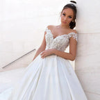 Sexy Off Shoulder Wedding Dresses A-Line Lace Applique Women's Elegant Sleeveless Beach Party Satin Beads Applique Bridal Gowns by payinti