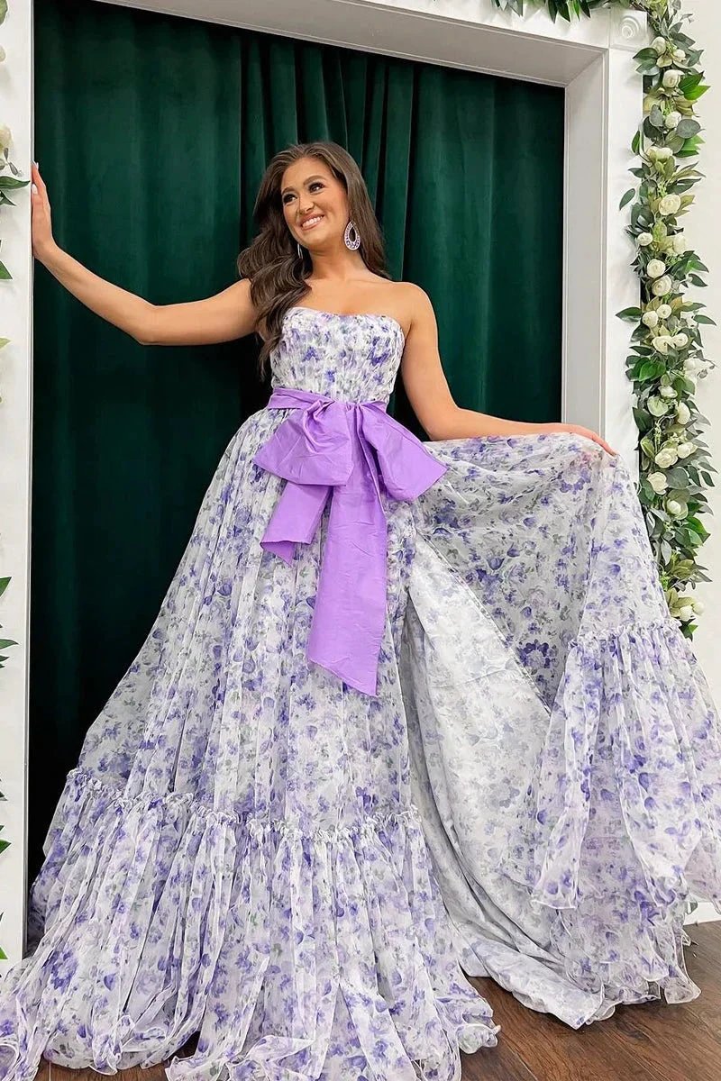 Chic Floral Printed Chiffon Strapless Long Prom Dresses with Slit by Kissprom