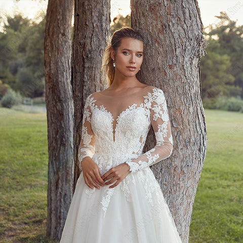 Pastrol Wedding Dresses For Woman Long Sleeves Illusion Back Scoop Bride Gowns Applique A-Line Tulle vestidos de novia