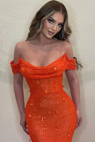 Oranges langes schulterfreies Meerjungfrau-Ballkleid mit Pailletten