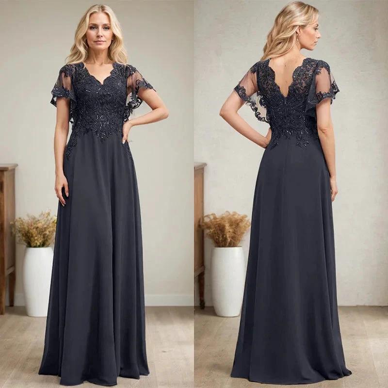 A-line V-Neck Floor-Length Lace Chiffon Mother of the Bride Dress With Sequins by Dreamylily