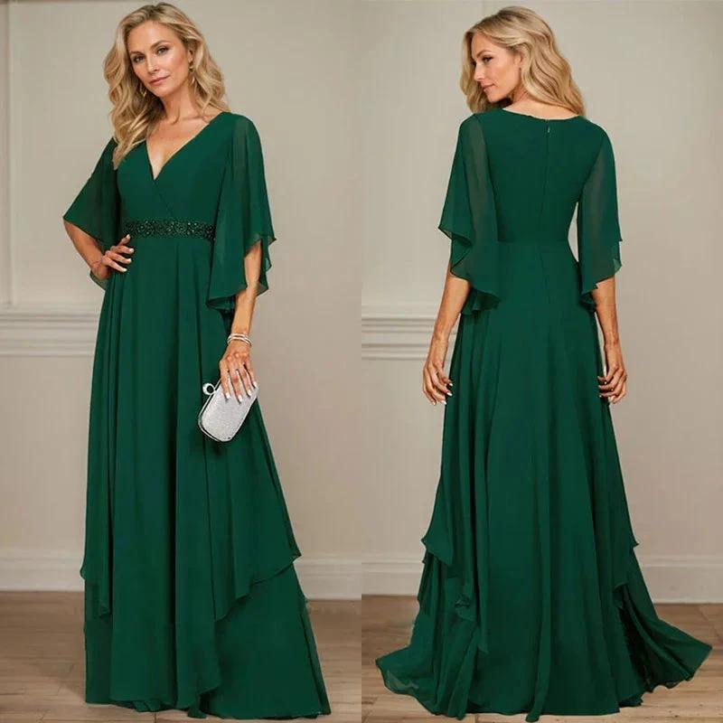 A-line V-Neck Floor-Length Chiffon Mother of the Bride Dress With Sequins Appliques Lace Beading by Dreamylily