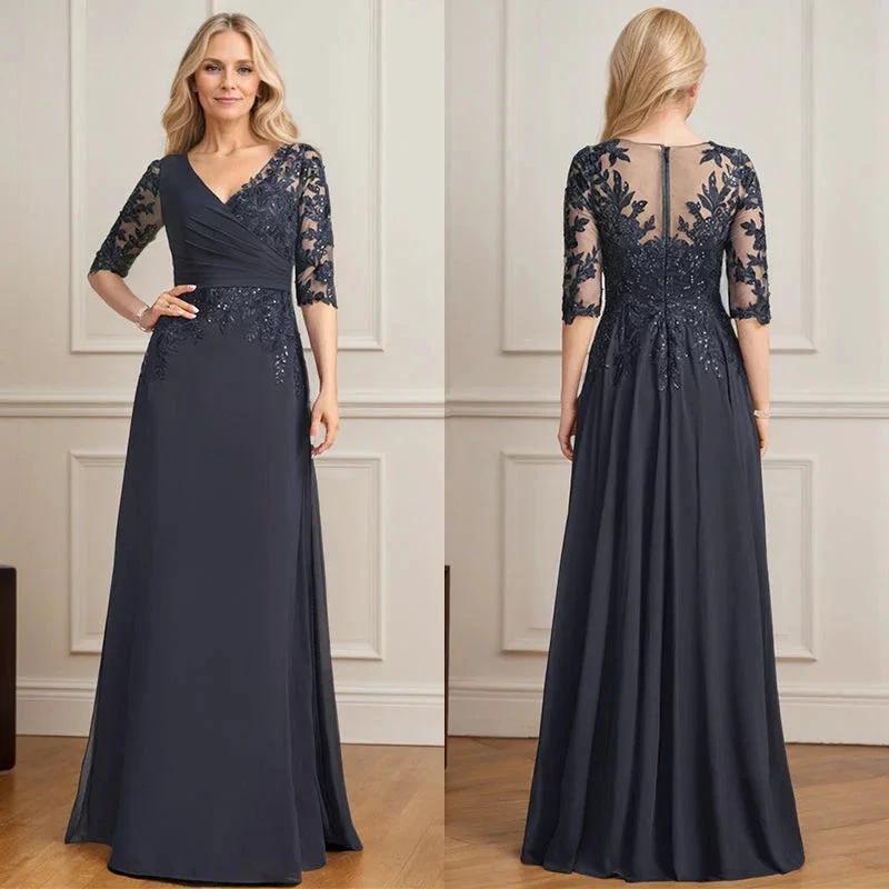 A-line V-Neck Floor-Length Lace Chiffon Mother of the Bride Dress With Pleated Sequins by Dreamylily