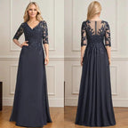 A-line V-Neck Floor-Length Lace Chiffon Mother of the Bride Dress With Pleated Sequins by Dreamylily