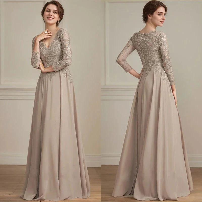 A-line V-Neck Floor-Length Lace Chiffon Mother of the Bride Dress With Sequins by Dreamylily