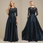 A-line Scoop Illusion Floor-Length Stretch Satin Lace Mother of the Bride Dress With Bow Sequins by Dreamylily