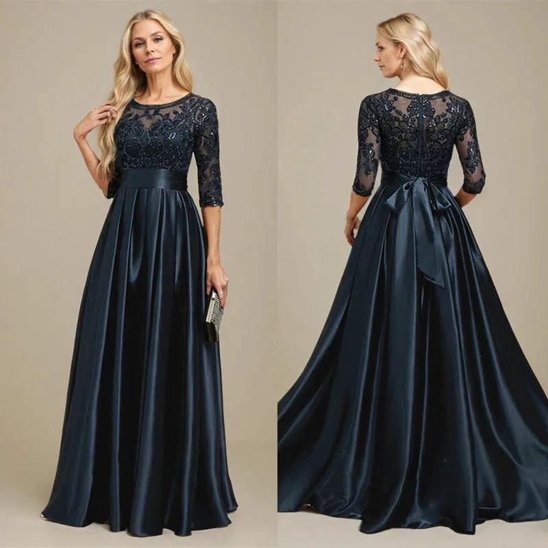 A-line Scoop Illusion Floor-Length Stretch Satin Lace Mother of the Bride Dress With Bow Sequins by Dreamylily