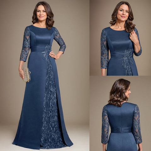 A-Linie U-Ausschnitt Bodenlang Spitze Satin Kleid für die Brautmutter mit Applikation 