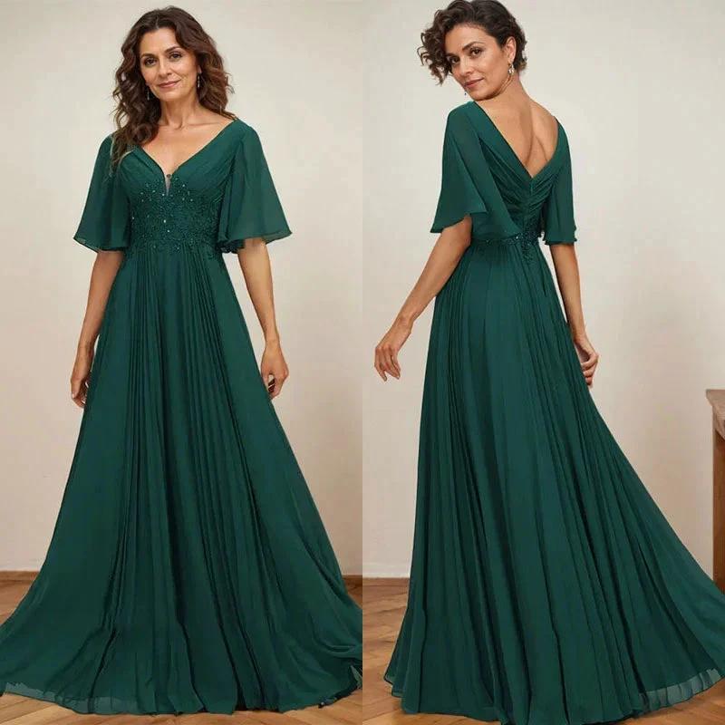 A-line V-Neck Floor-Length Chiffon Mother of the Bride Dress With Sequins Appliques Lace Pleated by Dreamylily