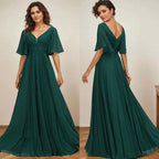 A-line V-Neck Floor-Length Chiffon Mother of the Bride Dress With Sequins Appliques Lace Pleated by Dreamylily
