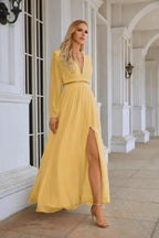 Ladies V Neck Chiffon Long Sleeve Front Slit Bridesmaid Evening Dress Wedding Party Shopping Evening Dress 28109 by numbersea