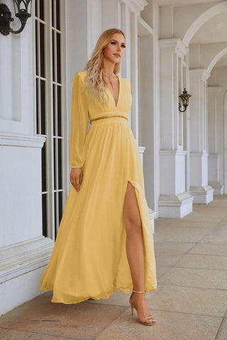 Ladies V Neck Chiffon Long Sleeve Front Slit Bridesmaid Evening Dress Wedding Party Shopping Evening Dress 28109