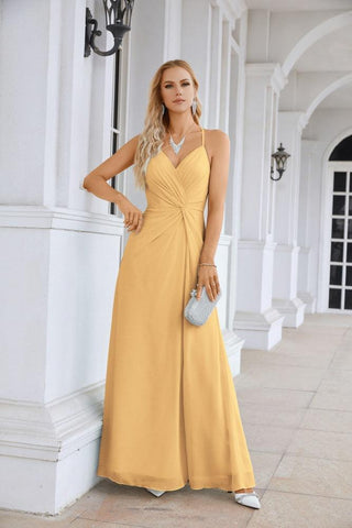 Ladies Chiffon Spaghetti Strap V Neck Front Slit Floor Length Bridesmaid Evening Dress Prom Party Wedding Evening Dress 28116