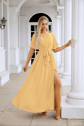 Ladies Chiffon Sleeve Crew Neck Front Slit Floor Length Bridesmaid Evening Dress Wedding Party Evening Dress 28124