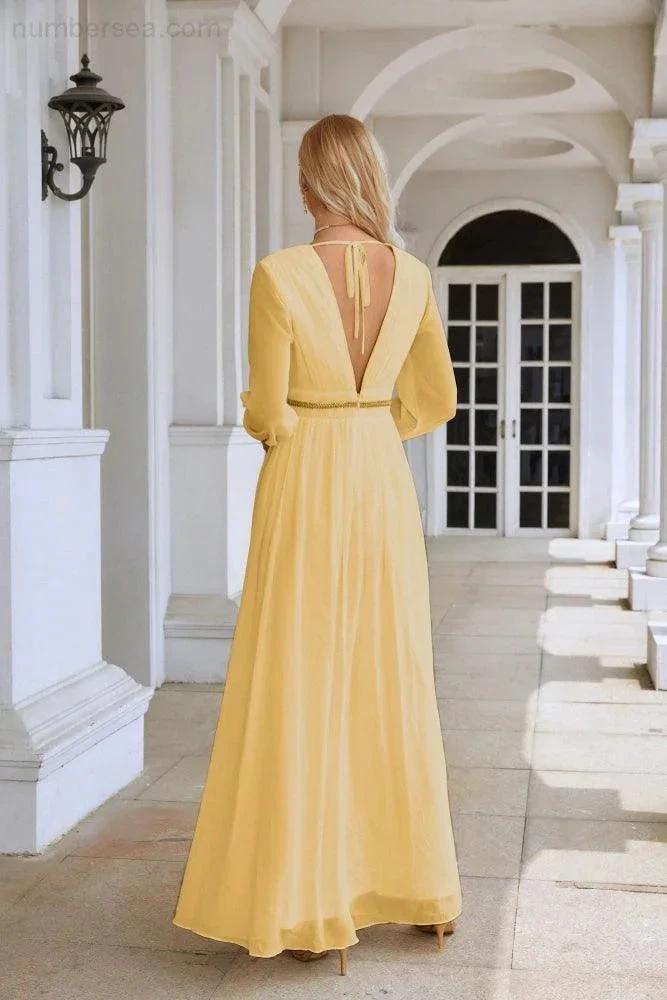 Ladies V Neck Chiffon Long Sleeve Front Slit Bridesmaid Evening Dress Wedding Party Shopping Evening Dress 28109 by numbersea