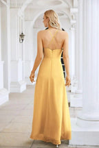 Ladies Chiffon Spaghetti Strap V Neck Front Slit Floor Length Bridesmaid Evening Dress Prom Party Wedding Evening Dress 28116 by numbersea