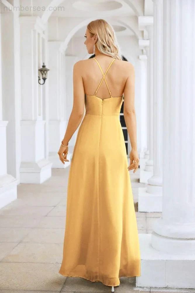 Ladies Chiffon Spaghetti Strap V Neck Front Slit Floor Length Bridesmaid Evening Dress Prom Party Wedding Evening Dress 28116 by numbersea