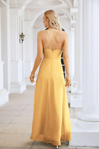 Ladies Chiffon Spaghetti Strap V Neck Front Slit Floor Length Bridesmaid Evening Dress Prom Party Wedding Evening Dress 28116