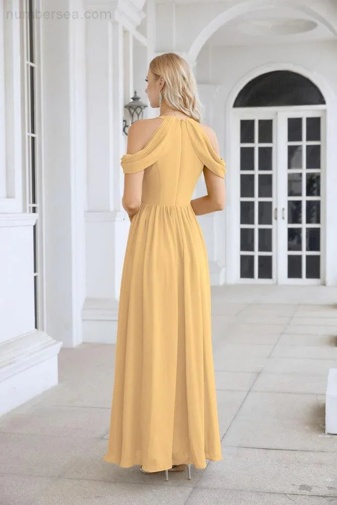 Robe de soirée demoiselle d'honneur pour femme en mousseline, épaules dénudées, manches évasées, fente avant, robe de fête de mariage 28117