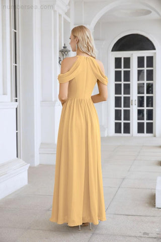 Ladies Chiffon Off Shoulder Swing Sleeve Front Slit Bridesmaid Evening Dress Wedding Party Evening Dress 28117