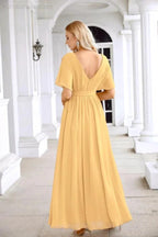 Ladies Chiffon Sleeve Crew Neck Front Slit Floor Length Bridesmaid Evening Dress Wedding Party Evening Dress 28124 by numbersea