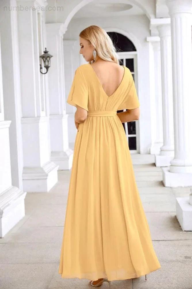Ladies Chiffon Sleeve Crew Neck Front Slit Floor Length Bridesmaid Evening Dress Wedding Party Evening Dress 28124 by numbersea
