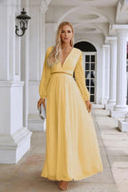 Ladies V Neck Chiffon Long Sleeve Front Slit Bridesmaid Evening Dress Wedding Party Shopping Evening Dress 28109 by numbersea